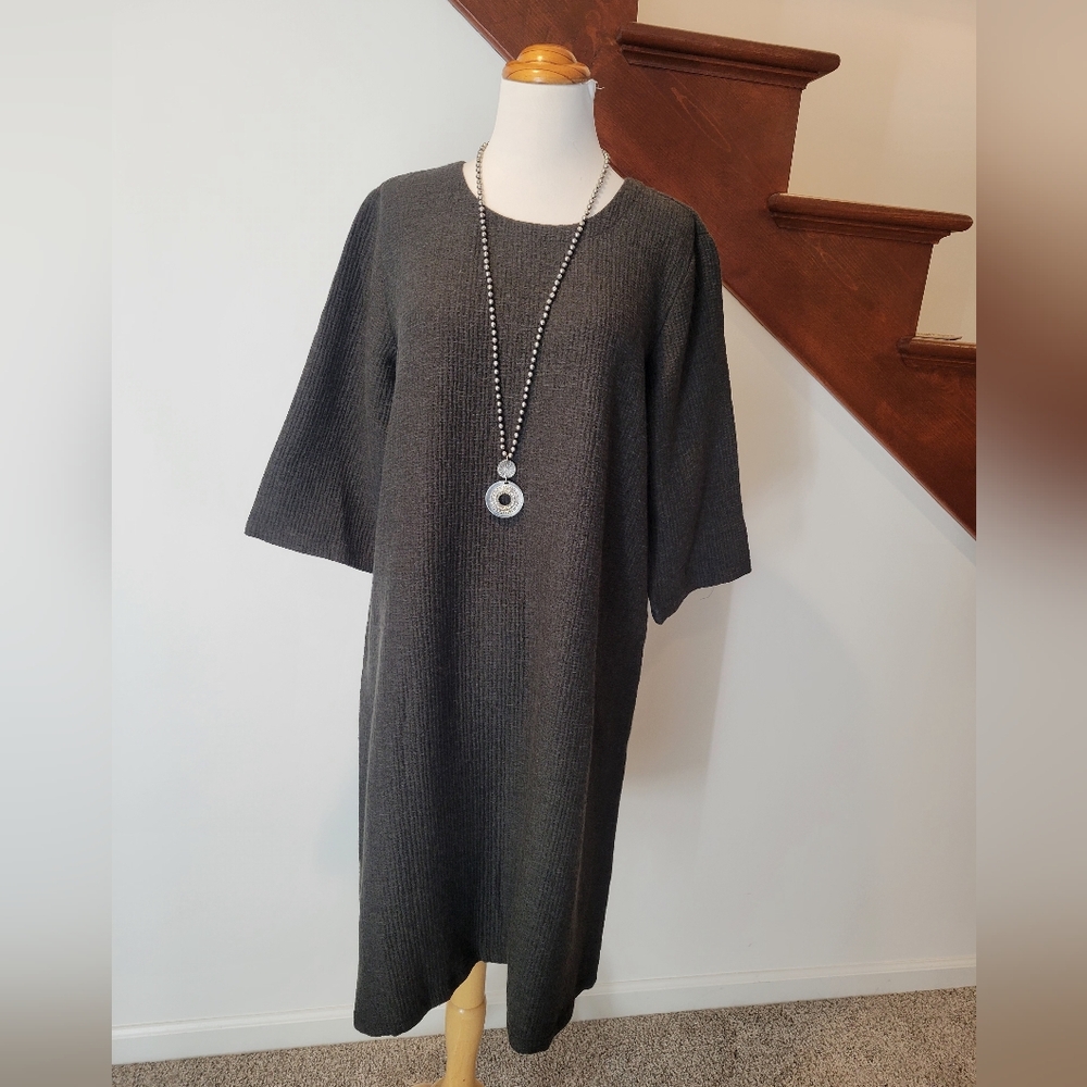 EILEEN FISHER honeycomb gray dress‎ size M 3/4 sleeve organic cotton New